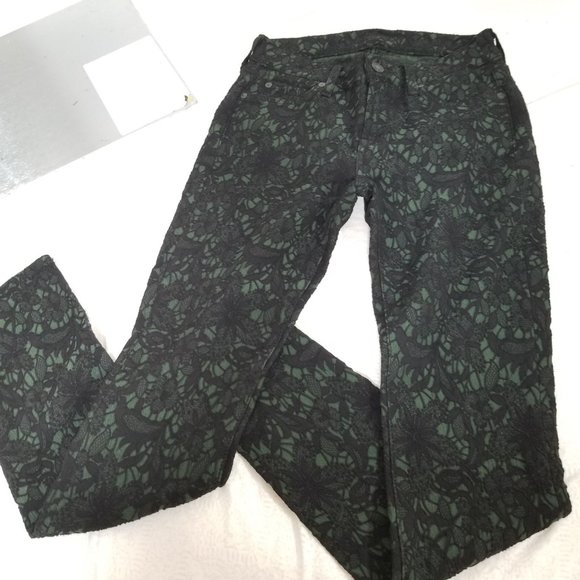 7 Mankind Lace Denim Jean Stretch Skinny Pant Bottom 25 Black Green Gothic Punk - Picture 1 of 8